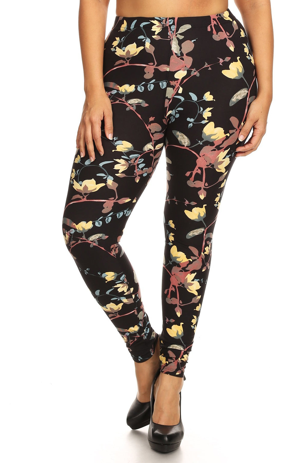 Plus Size Floral Print, Full Length Leggings In A Slim Fitting Style W