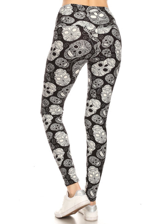 Long Yoga Style Banded Lined Skull Printed Knit Legging With High Waist