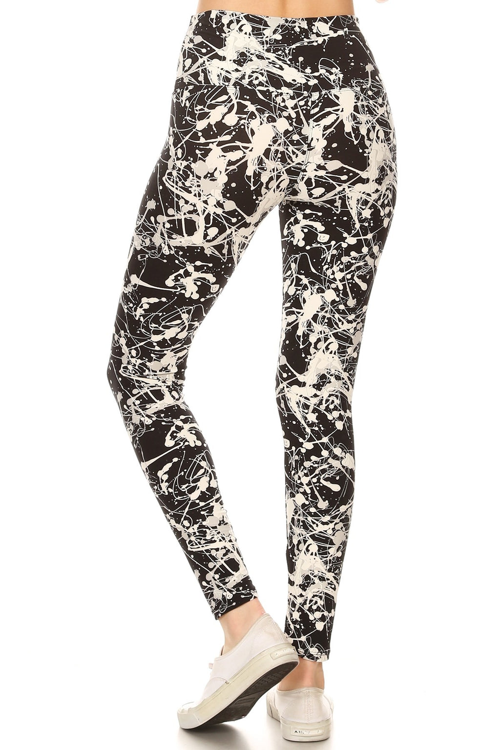 Long Yoga Style Banded Lined Paint Splatters Printed Knit Legging With