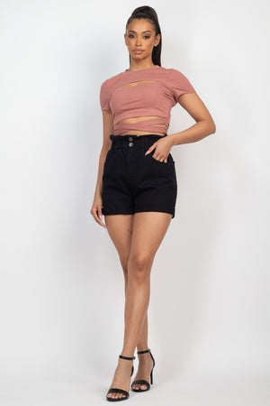 Self-tie Ribbon Front Cutout Crop Top